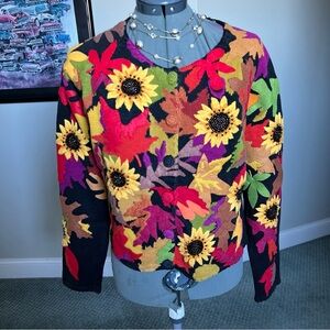 Michael Simon M Embroidered Sunflower Sweater Cardigan Fall Leaves Thanksgiving